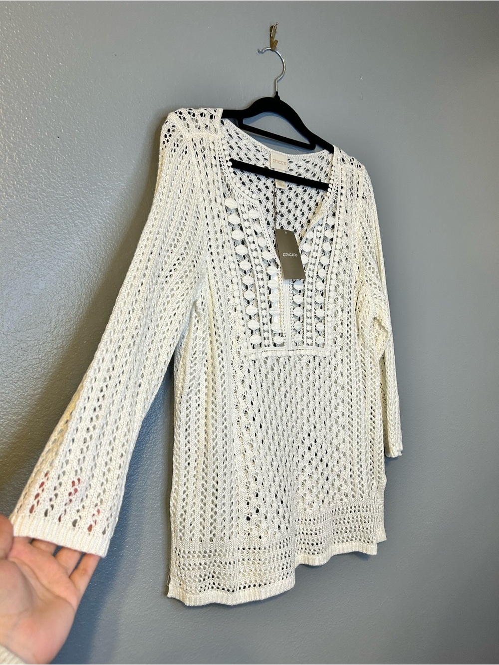 Chico's Cream Crochet Openwork Tunic Sweater Boho Vacation Summer Medium NWT